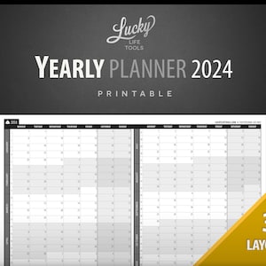 Planejador anual / calendário 2024, da LUCKY Life Tools - Visão geral do ano - PDF para impressão; Tamanho Carta dos EUA 8,5"x11"