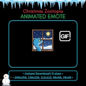 Emote natalizia animata di Gary de Snake - Finestra, simpatico server Discord con neve blu, emoji, adesivo, GIF di Natale di Zootropolis su Twitch