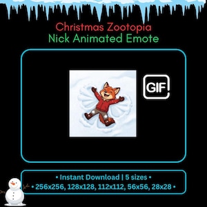 Può includere: Emoticon GIF animato di Nick Wilde di Zootopia che fa un angelo di neve. Il personaggio della volpe indossa una giacca rossa e pantaloni marroni. L'immagine include il testo "Christmas Zootopia Nick Animated Emote" e "Instant Download | 5 sizes."