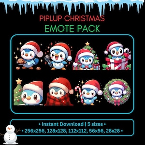 May include: A digital download graphic pack featuring eight cartoon penguins dressed for Christmas. Each penguin wears a Santa hat and is in a different festive pose. Text reads "PIPLUP CHRISTMAS EMOTE PACK".