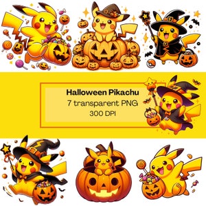 Könnte beinhalten: Eine Sammlung von Halloween-Illustrationen mit Pikachu. Pikachu wird in verschiedenen Kostümen dargestellt, darunter ein Hexenhut und ein Umhang, sowie mit Kürbislaternen und Süßigkeiten. Der Text "Halloween Pikachu" wird auf gelbem Hintergrund angezeigt.