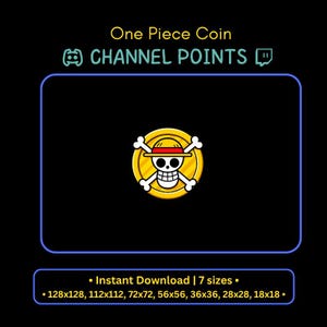 Könnte beinhalten: Digitalgrafik mit dem "One Piece" Jolly Roger Totenkopf- und gekreuzten Knochen-Design auf einer Goldmünze. Der Text "One Piece Coin" und "Channel Points" wird über der Münze angezeigt. Das Bild enthält eine Liste von sieben verfügbaren Größen.