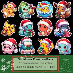 以下が含まれることがあります： クリスマスをテーマにした12枚のポケモンステッカーのコレクション。各キャラクターはサンタ帽をかぶり、プレゼントを持っているものもいます。画像には「Christmas Pokemon Pack」というテキストとファイルの詳細が含まれています。