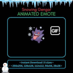 May include: Animated emote featuring a purple Gengar character with snowflakes, the text "Snowing Gengar ANIMATED EMOTE", and a GIF logo. Includes instant download in 5 sizes: 256x256, 128x128, 112x112, 56x56, and 28x28.