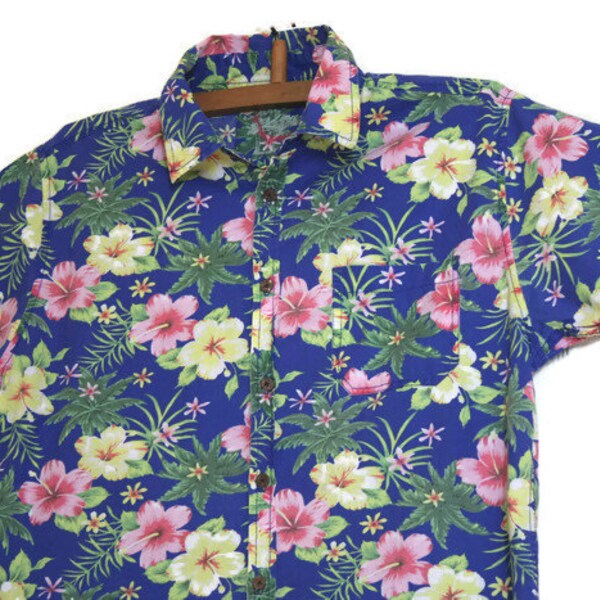 Vintage Blue Floral ALOHA shirt Men Hawaiian shirt size L Flowers print summer shirt Cotton short sleeve Multicolored top