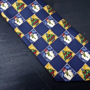 Vintage Christmas tie Blue silk necktie Checkered tie Funny novelty tie Snowman Christmas tree print tie