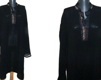 Boho Embroidered Dress shirt Black Indian tunic plus size kurta oriental shirt tribal embroidery tunic hippie ethnic festival tunic