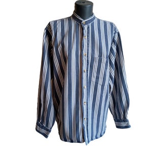 Grandad shirt Boho men&#39;s tunic shirt White blue striped shirt Hippie long sleeve dress  shirt Grandfather cotton shirt