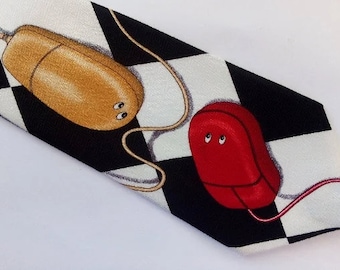 Corbata con estampado de ratón de PC Corbata divertida y genial Corbata ancha a cuadros blancos y negros Corbata de hermano Corbata de ratón de computadora de PC Regalo para nerds Regalo de Navidad para geeks