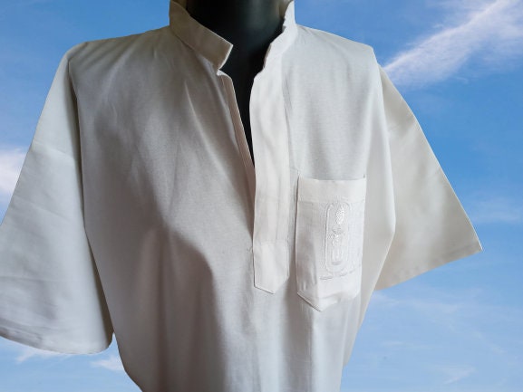 Men's White Summer Grandad Collar Top 