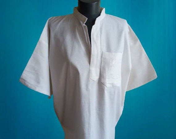 Men's White Summer Grandad Collar Top 