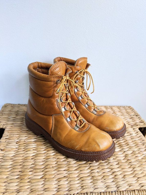 Vtg Cognac Distressed Leather Puffer Hiking Boots