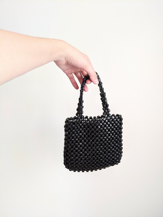 Vtg Minimalist Black Beaded Mini Hand Bag Purse