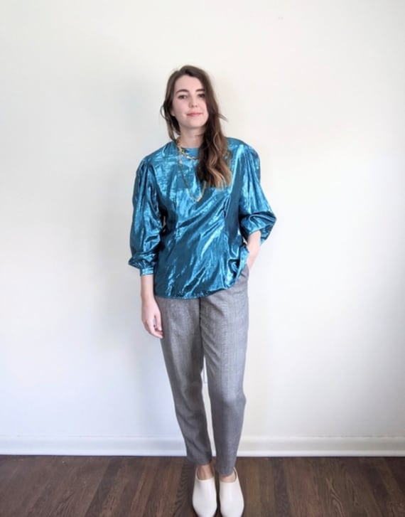 80s Metallic Blue Shiny Sparkle Puff Sleeve Disco