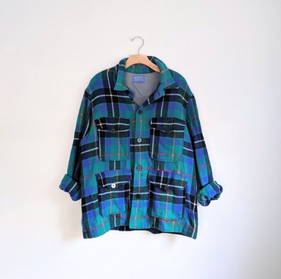 Vtg PENDLETON Blue Green Plaid Flannel Jacket Shir