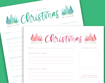 Christmas Wish List Printable, Printable Christmas Wish List, All I Want For Christmas, Christmas List for Kids, Want Need Wear Read Gifts