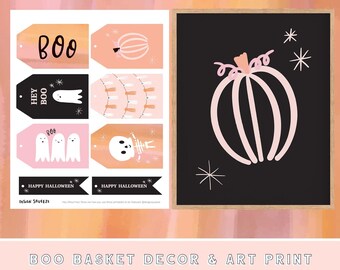 Pink Halloween Printable Boo Basket Tags and Art Print, Halloween Printables,  Halloween Decor, Pink Halloween, Halloween Treat Bag Tags