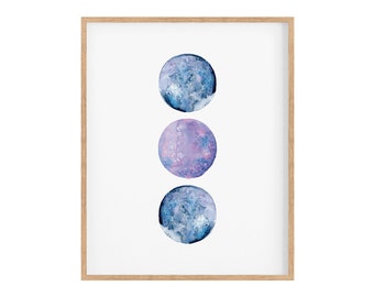 Blue Moon Celestial Watercolor Art Print, Printable Moon Art, Celestial Wall Art, Space Wall Decor, Moon Print, Hand-Painted