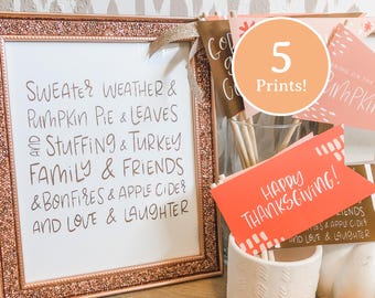 Thanksgiving Printable Wall Art, Set of 5 Fall Designs, Thankful Sign, Cute Thanksgiving Decor, Thanksgiving Printables, Thanksgiving Art