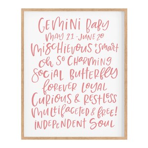 Gemini Watercolor Zodiac Qualities Print, Kids Room, Nursery, Wall Art, Gemini Qualities, Calligraphy, Pink, Gemini Sign