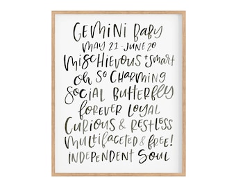 Gemini Zodiac ART PRINT | Astrology print gemini baby zodiac art | Zodiac star sign wall art for baby nursery or dorm decor