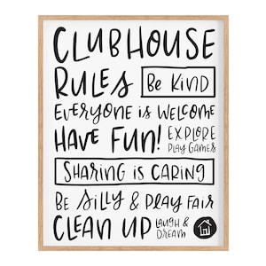 Printable Clubhouse Rules, Black and White Clubhouse, Clubhouse Art, Club Rules, Kid printables, Clubhouse Sign, Clubhouse Decor