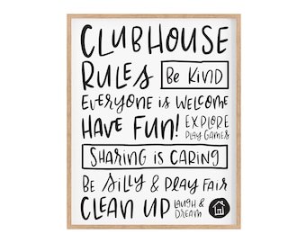 Clubhouse Rules Print, Black and White Sign (Digital Download)