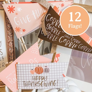 May include: A collection of 12 Thanksgiving-themed flags with various designs and text. The flags feature phrases like "Give Thanks" and "Happy Thanksgiving!" in white lettering. The color palette includes pink, brown, and orange.