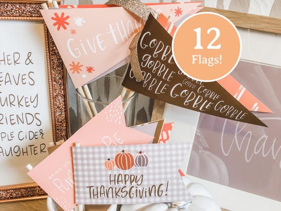 Thanksgiving Printable Flags, Thanksgiving Pennant Flags, Set of 12 Designs, Cute Thanksgiving Decor, Thanksgiving Printables, Fall Flags