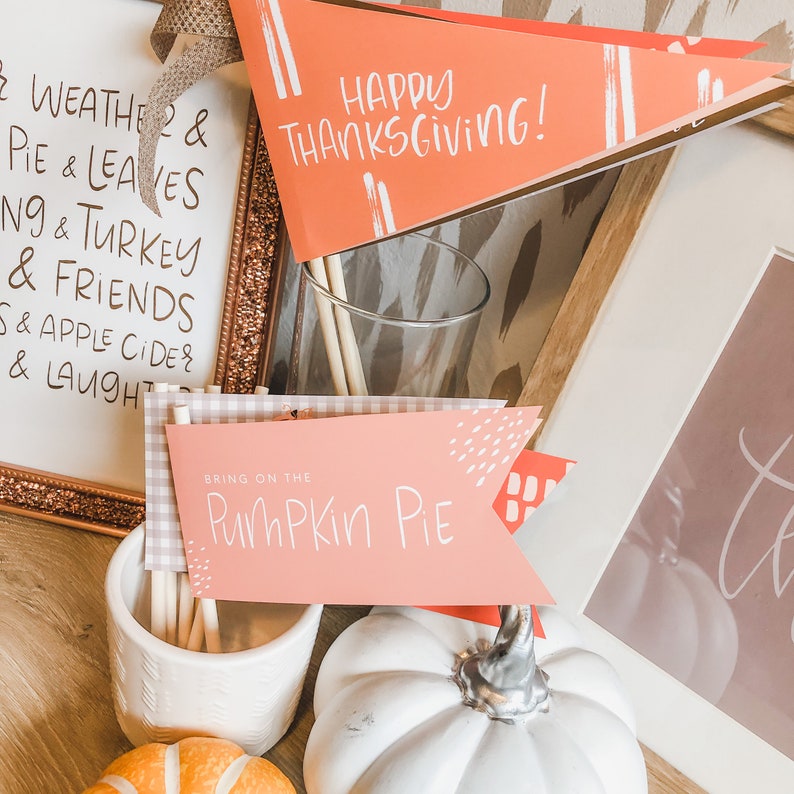 May include: Thanksgiving-themed decorations featuring pennant flags with the phrases "Happy Thanksgiving" and "Bring on the Pumpkin Pie." The flags are orange and pink, with white accents. A white ceramic container holds wooden sticks.