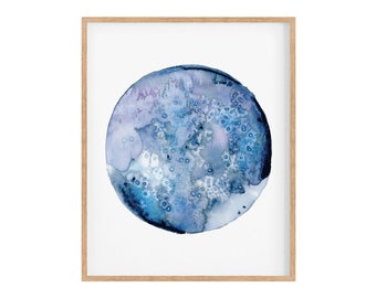 Blue Moon Celestial Watercolor Art Print, Printable Moon Art, Celestial Wall Art, Space Wall Decor, Moon Print, Hand-Painted