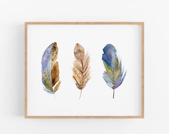 Watercolor Feather Trio Art, Boho, Printable Watercolor Feather Trio Print, Feather Wall Art, Wall Decor, Feather Art, Boho Art