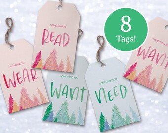 Printable Christmas Gift Tags, Wear Read Want Need Gift Tags, Cute Christmas Wrapping Decor, Something You Want Gift Tags, Pink Christmas