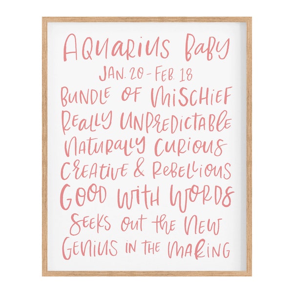 Aquarius Baby Zodiac ART PRINT PINK | Astrology print Aquarius baby zodiac art | Zodiac star sign wall art for baby nursery or dorm decor