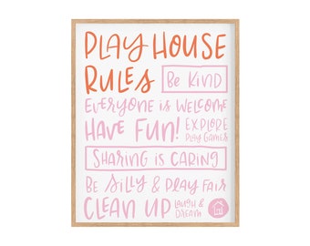 Printable Playhouse Rules, Playhouse Art, Play House Rules, Kid printables, Playroom Rules, Playhouse Sign, Be Kind Sign, Playhouse Decor