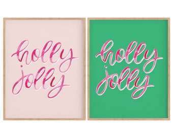 Holly Jolly Printable Wall Art, Christmas Printable Art, Holly Jolly, Cute Christmas Decor, Holiday Printables, Pink Christmas Decor