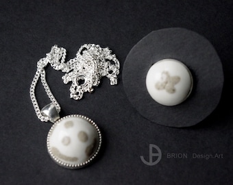 SET Kette 3 Punkte & Ring Blume, Porzellan, 925er Silber