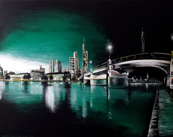 Obermainbrücke Frankfurt Skyline, handgemalt, Acryl auf MdF