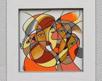 Pintura abstracta original – Rostros entrelazados – Pintura acrílica sobre madera – Arte moderno contemporáneo – Marco blanco – 21,5 x 21,5 cm