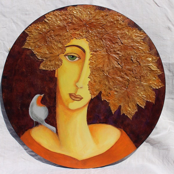 Portrait d'une Femme et d'un Oiseau, Peinture Acrylique et Collage de Feuilles de Vigne sur Toile Ronde, Tableau Rond Original, Dame Nature.