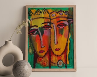 Illustration of a crowned royal couple, double portrait, decorative poster to frame, original romantic gift, unique art