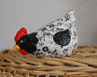 Unique recycled paper mache chicken modeling sculpture | Original handmade flower interior home art decor | Animal white black red yellow