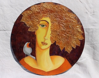 Portrait of a Woman and a Bird, Acrylic Painting and Collage of Vine Leaves on Round Canvas, Original Round Painting, Mother Nature.