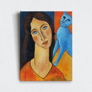 Gemälde Frau und Katze – Acrylgemälde auf Leinwand – Figurative Kunst inspiriert von Modigliani – Leuchtende Farben – Originelle Wanddekoration