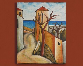 Landscape of a Provençal Mediterranean Coastal Village, Modigliani style, Coastal Painting in Warm Colors, Vertical Seaside Painting