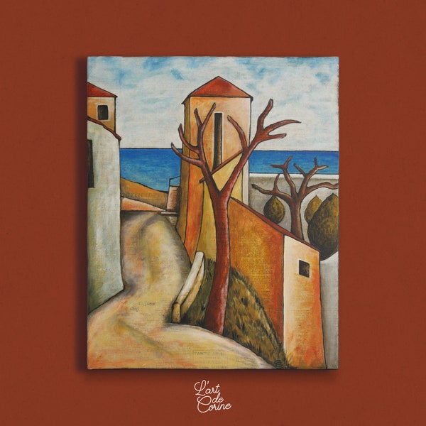 Paysage d'un Village Côtier Méditerranéen Provençal, style de Modigliani, Peinture Côtière Couleurs Chaudes, Tableau vertical Bord de Mer