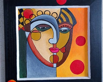 Small original artist painting | Acrylic wood paint | Unique deco wall art | Character face portrait | Warm bright colors