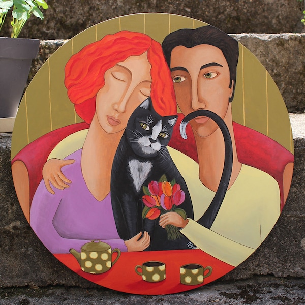 Portrait de Couple Amoureux avec un Chat, Peinture Acrylique sur Toile, Tableau Rond, Décoration Romantique, Cadeau de Saint Valentin