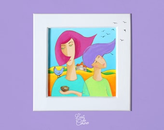 Original square painting Poetic illustration Blue Bird Portraits Characters Small wooden frame Decoration Unique Girl's Room