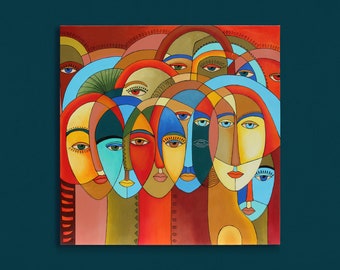 Large Square Painting, Painting of Multiple Portraits with Abstract Faces, Original Art in Warm Colors, Unique Piece